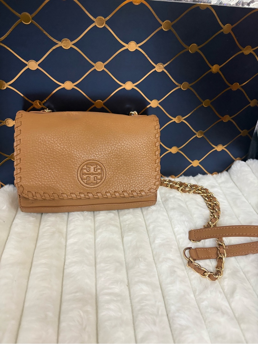 Tory Burch Camel Tan Pebbled Leather Chain Crossbody